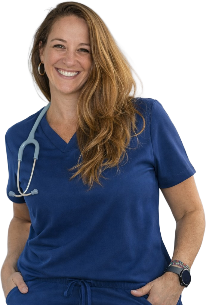 Tina Yakel, RN, founder of Salty Fluids, in navy scrubs with a confident smile